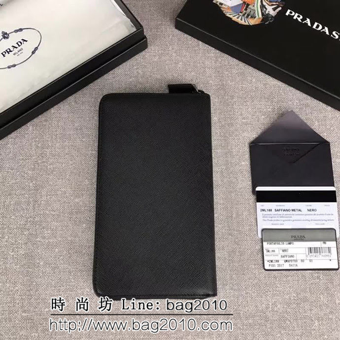 PRADA普拉達 專櫃最新款式 頂級原單十字紋牛皮 男士大號單拉鏈錢包 2ML188 DD1327